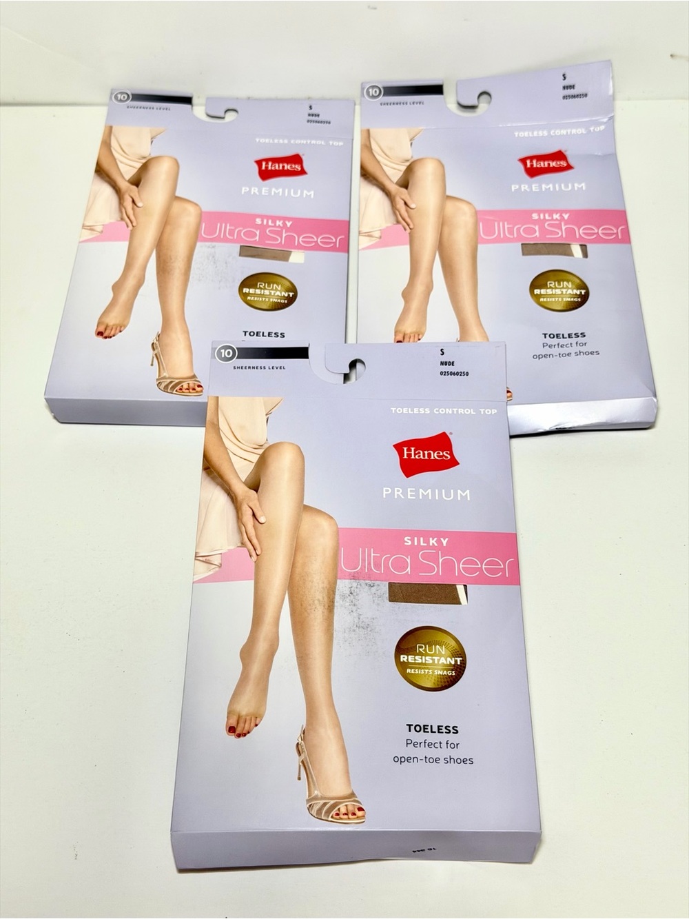 Lot of 3 Hanes Premium Silky Ultra Sheer Toeless Pantyhose - Nude - Size S